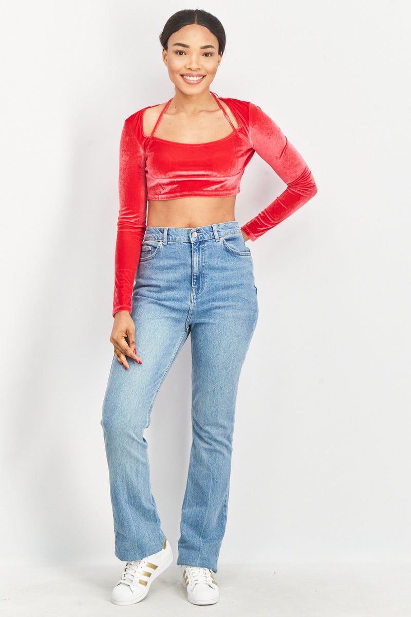 NA-KD Women Halter Neck Long Sleeve Velvet Top, Red - Image 4